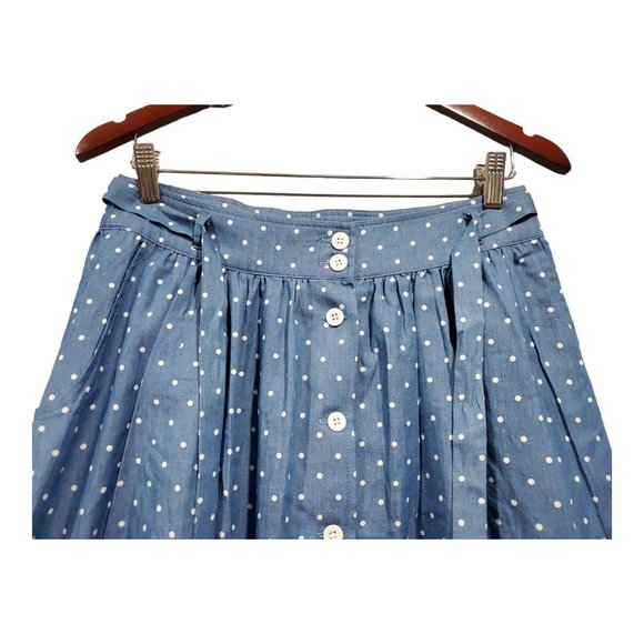 Mod Cloth Women's Blue White Polka Dot Chambray Skirt Button Pocket Casual Sz M - Picture 2 of 11